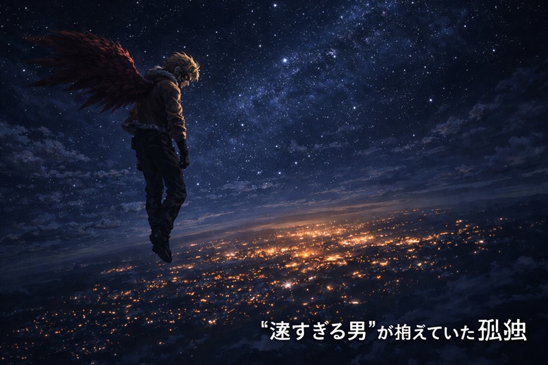 剛翼を持つホークスが、誰にも追いつけない空の上で孤独に街を見下ろすイラスト。彼の翼が強さの象徴であると同時に、彼を孤立させる原因でもあったことを示している。