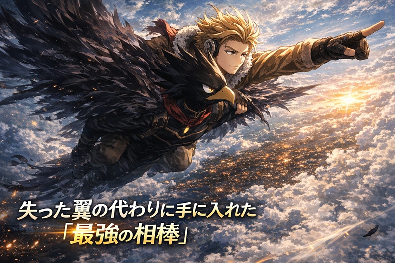 常闇踏陰が新たな翼となり、翼を失ったホークスを背負って空を飛ぶ。師弟関係を超えた二人の絆と、ホークスが孤独から解放されたことを示すイラスト。