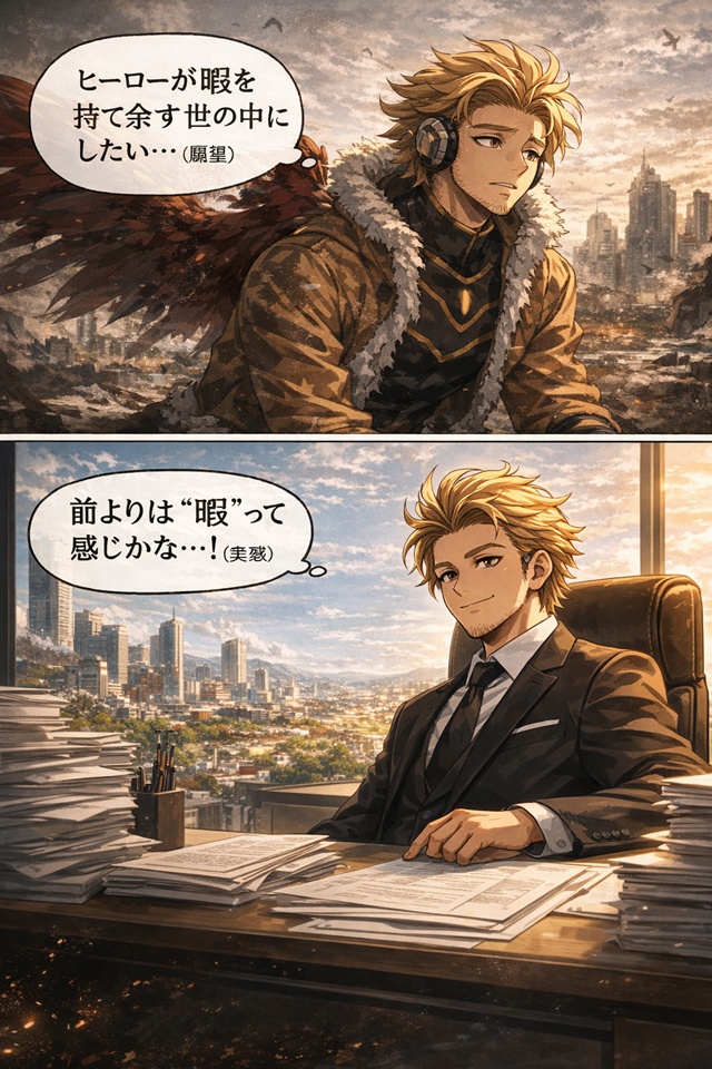 ホークスの「暇な社会」という理想が、かつての諦め混じりの願望から、自らの手で実現する実感へと変化したことを示す対比イラスト。