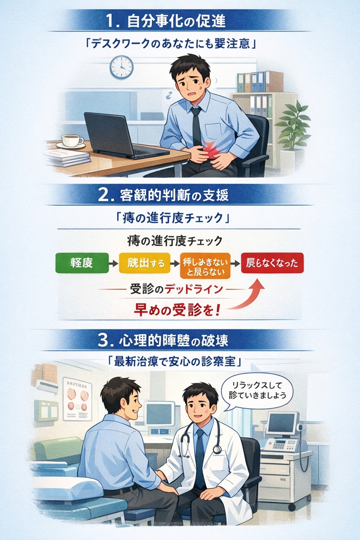 本記事は、40代男性デスクワーカーという「多忙・恥ずかしさ・恐怖」を抱えるペルソナに対し、医学的根拠（Goligher分類）に基づいた「受診のデッドライン」を提示し、最新治療（ALTA療法）への期待感を醸成することを目的としています