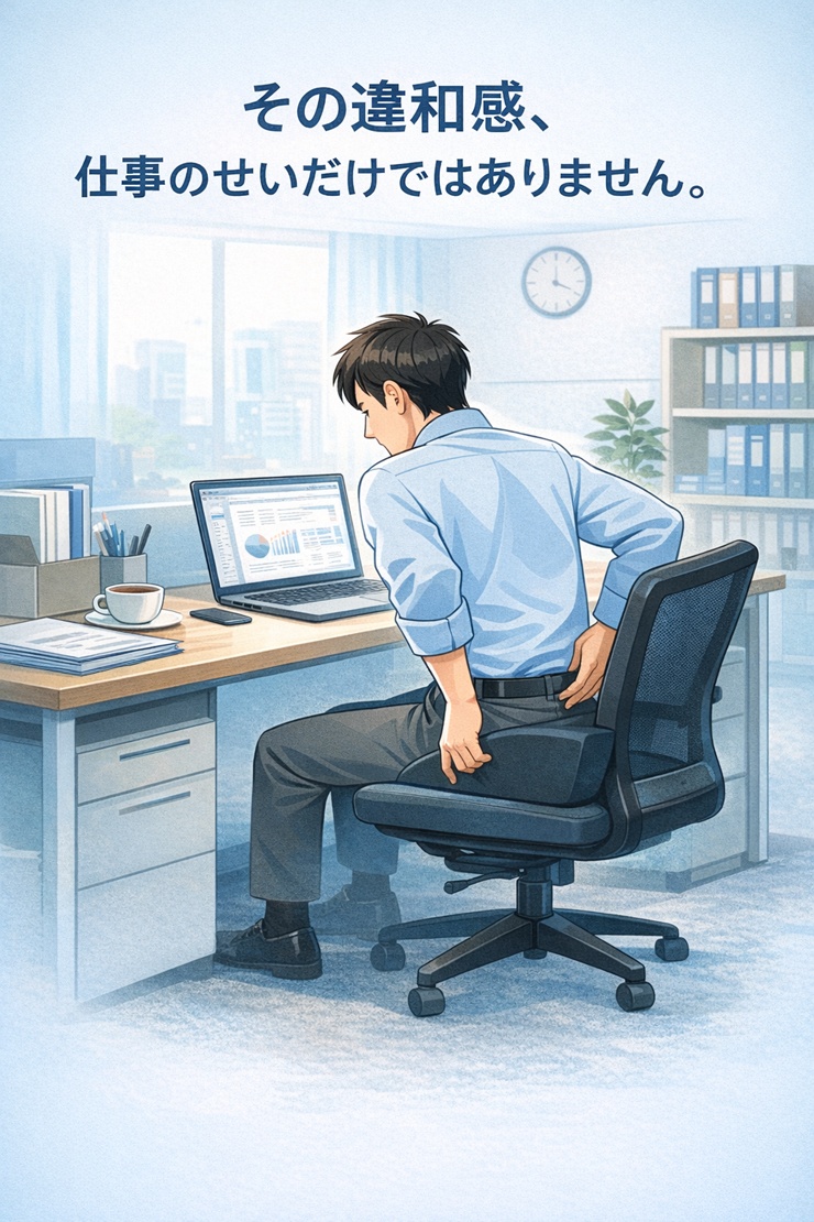 デスクワーク中にいぼ痔の違和感を抱える40代男性ビジネスパーソンのイラスト。