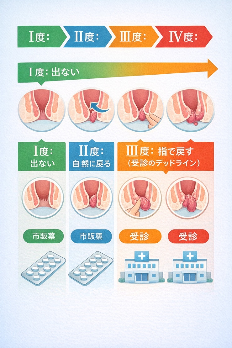 いぼ痔の進行度（Goligher分類）と、それぞれのステージに応じた対処法（市販薬・受診）を示すフローチャート。