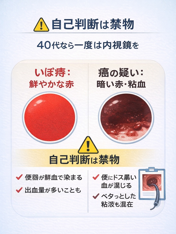 いぼ痔と直腸癌の出血の色の違いを比較した図解。自己判断の危険性と専門医受診の重要性を強調。