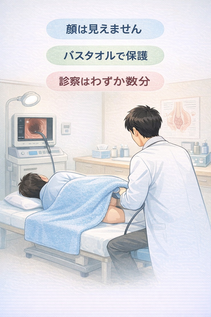 肛門科での診察の様子（シムス位）を再現したイラスト。プライバシーへの配慮と露出の少なさを表現。
