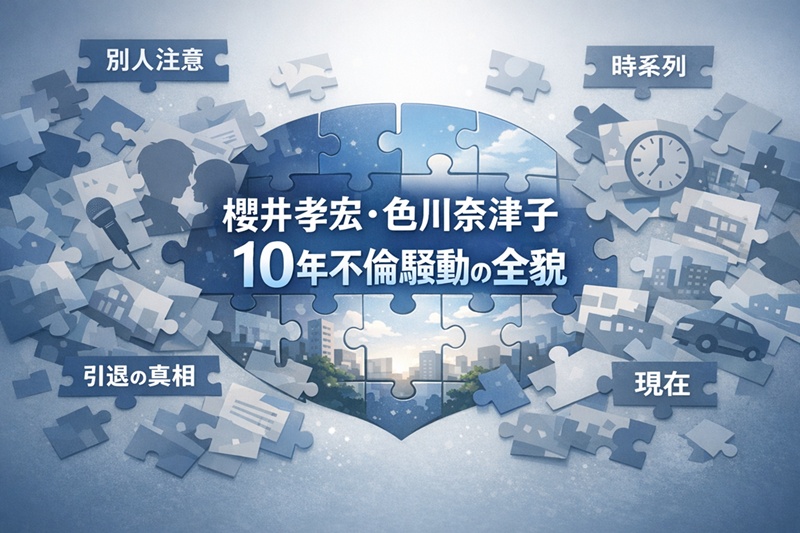 櫻井孝宏氏と色川奈津子氏の騒動の全貌を時系列で解き明かすイメージイラスト