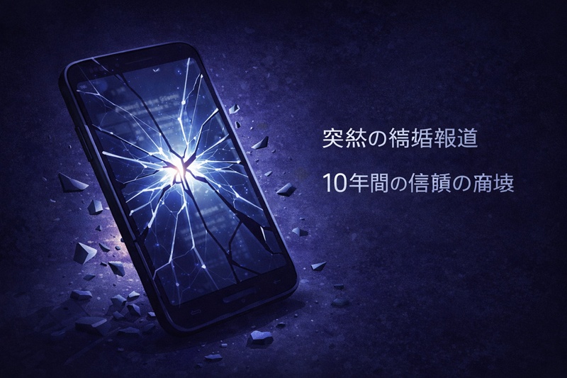 突然の報道によって10年間の信頼が崩れ去ったショックと絶望を表現するイラスト