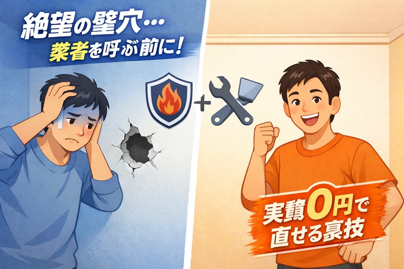 壁穴のサイズ別修理方法マトリクス。1cm未満は簡易パテ、10cm程度はリペアプレート、20cm以上は業者依頼を推奨。