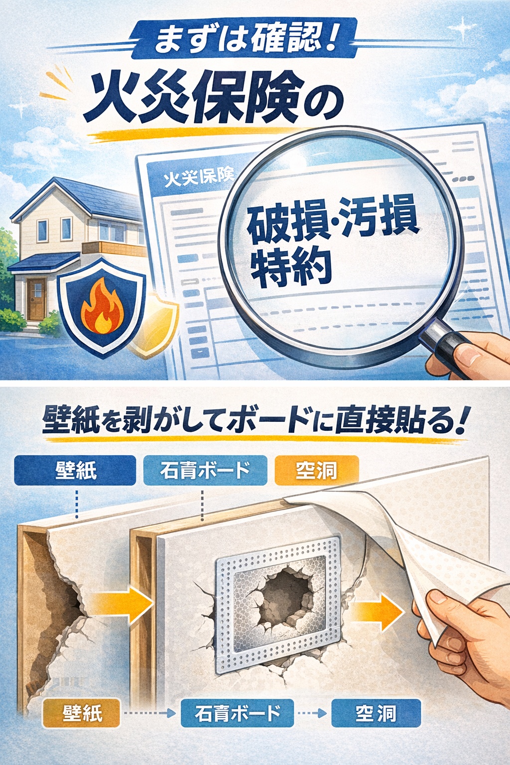 リペアプレートを貼った壁の断面図。壁紙を剥がし石膏ボードに直接密着させる構造