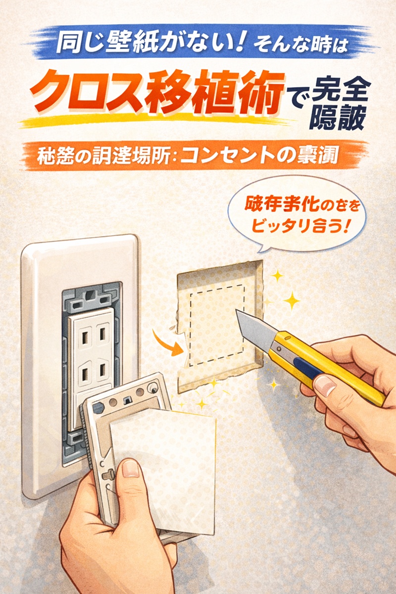 コンセントプレートの裏側から補修用の壁紙を切り取って調達するクロス移植術のイメージ