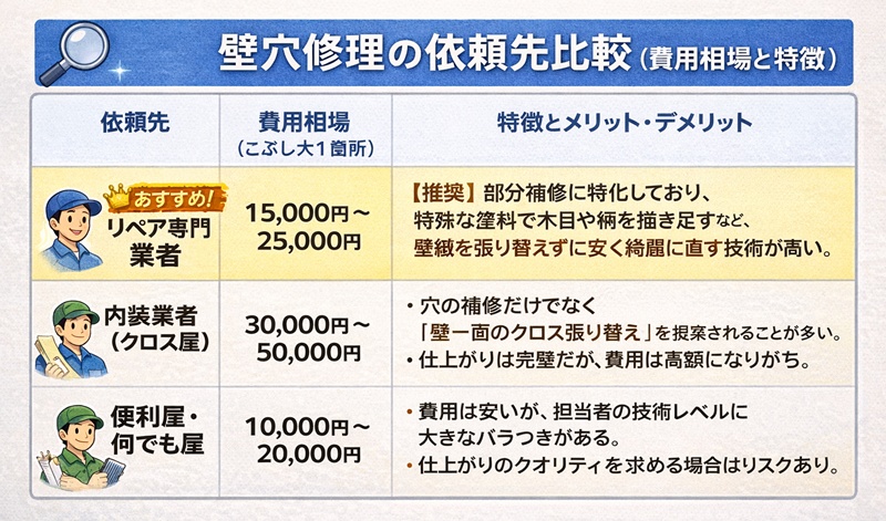 壁穴修理の依頼先比較（費用相場と特徴）