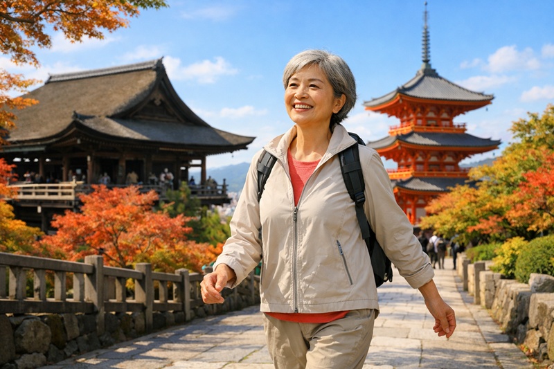 股関節の痛みを克服し、京都旅行を笑顔で楽しむアクティブなシニア女性。