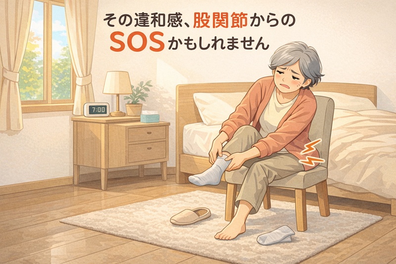 靴下を履く動作で股関節に痛みを感じ、困惑する女性のイラスト。