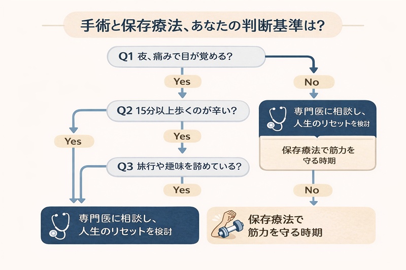 変形性股関節症の進行度とQOLに基づき、手術か保存療法かを判断するための意思決定フローチャート。