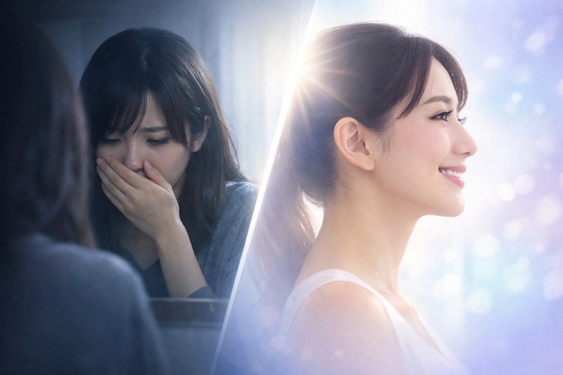 口ゴボに悩む女性と、矯正治療後にEラインを手に入れた自信ある横顔のイメージ