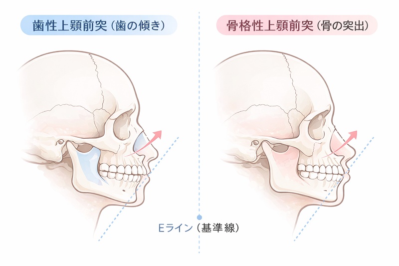 歯性上顎前突と骨格性上顎前突の違いを図解。Eラインと唇の位置関係の比較。