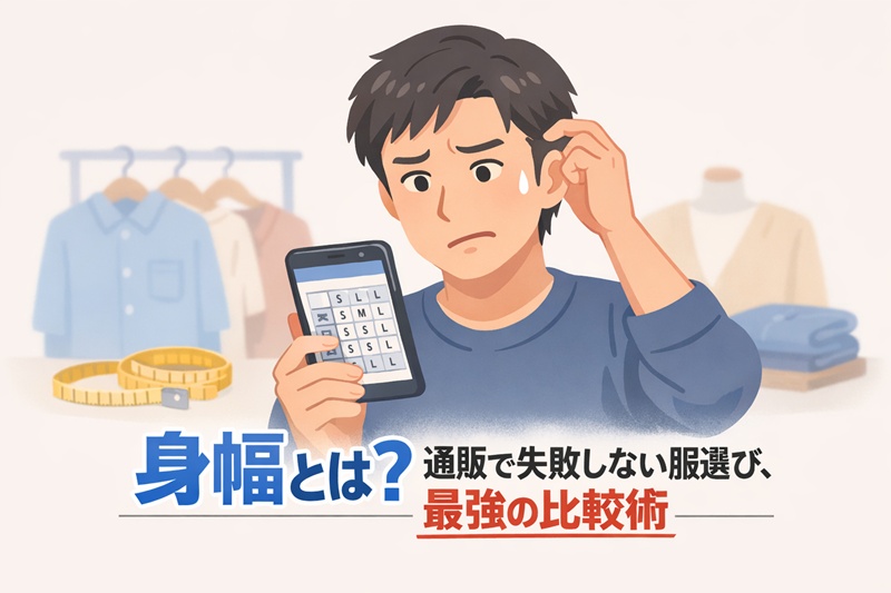 オンライン通販のサイズ表を見て悩む男性のイラスト。「身幅」の正しい知識で、服選びの失敗をなくす方法を示唆している。