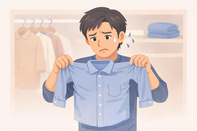 サイズが合わない服を手に持って困っている人物のイラスト。「ヌード寸法」と「製品寸法」を混同することで生じる失敗を象徴している。