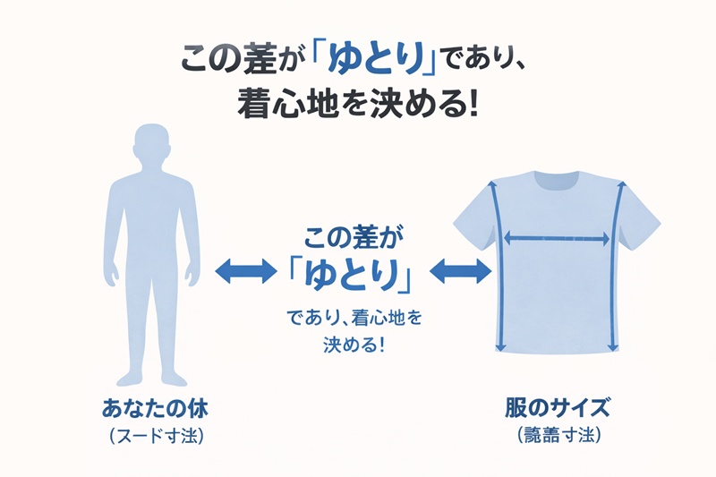 ヌード寸法と製品寸法の違いを示す図解。人の体のサイズに「ゆとり」が加わって服のサイズになるという、身幅を理解する上での核心的な関係性を示している。