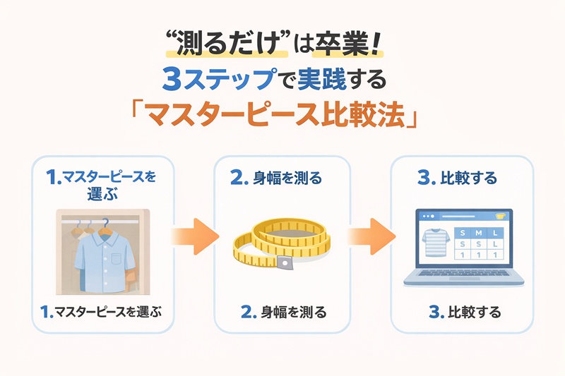 失敗しない服選びのための「マスターピース比較法」3ステップのフロー図。愛用の服を選び、その身幅を測り、通販サイトのサイズ表と比較する手順を示している。