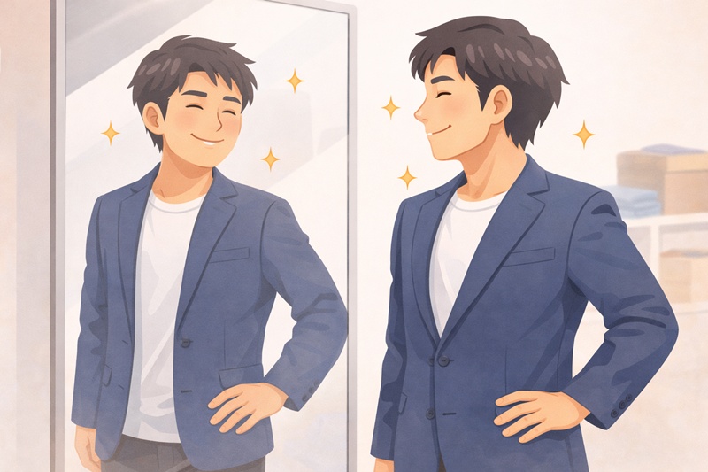 通販で購入したジャケットが自分の体にぴったりで満足している男性のイラスト。正しい身幅の知識を使って、サイズ選びに成功した理想の未来を象 geométricasしている。