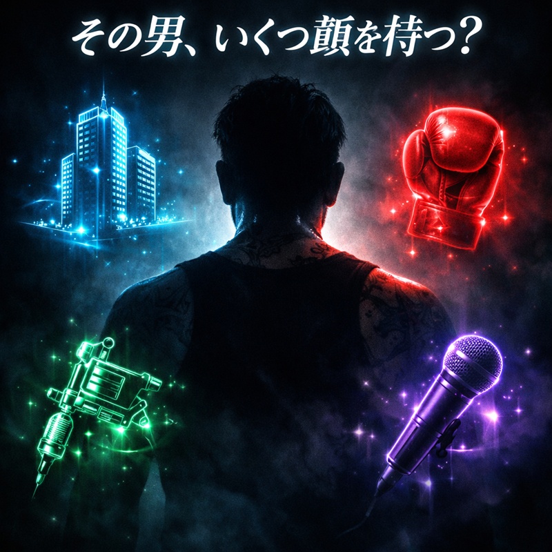 バン仲村の多面的な経歴（経営者、格闘家、彫り師、講演家）を象徴するミステリアスなアイキャッチ画像。