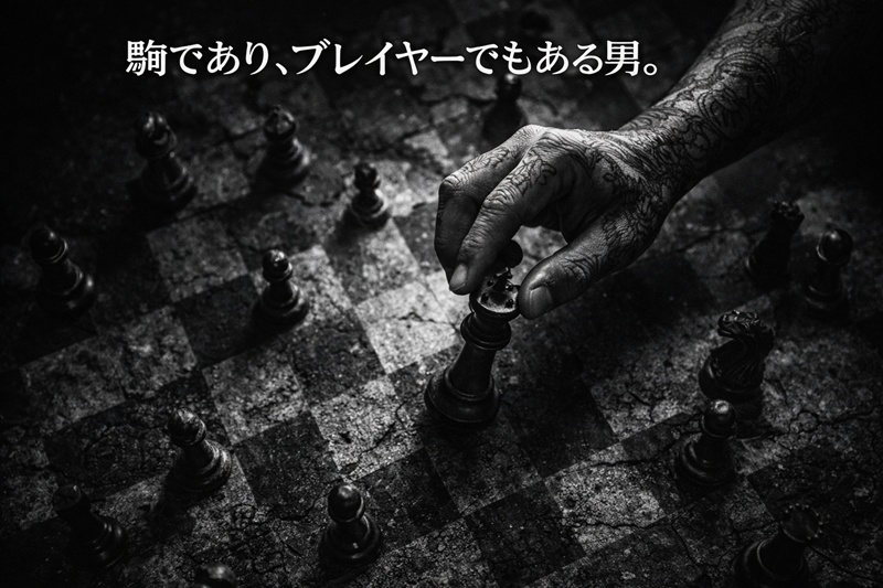 BreakingDownという盤面で、選手（駒）でありながらゲームを支配する戦略家でもあるバン仲村の役割を示すチェスの画像。
