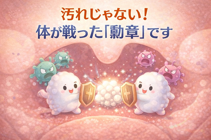 扁桃で免疫細胞が細菌と戦い、その結果として膿栓ができる生理現象のイメージ