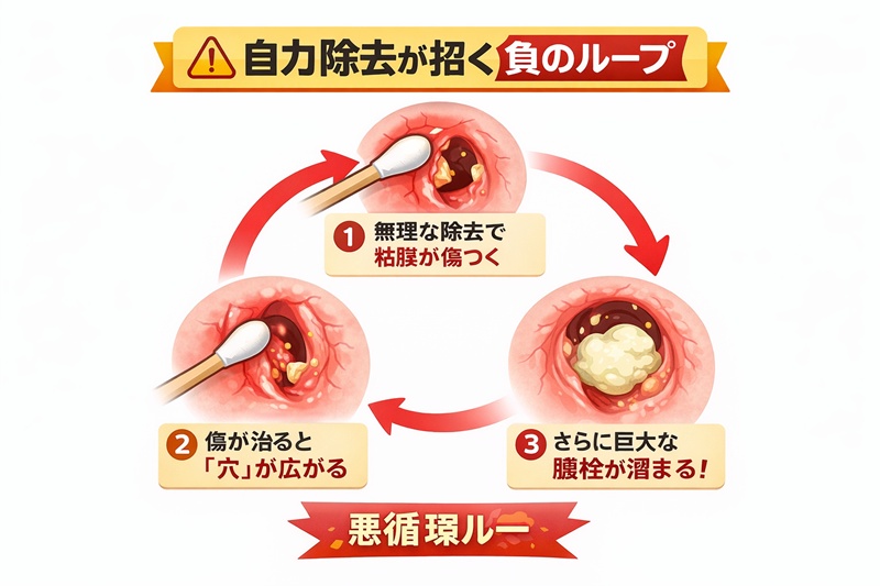 綿棒での膿栓除去が扁桃の穴を広げ、再発と巨大化を招く悪循環のメカニズム図解