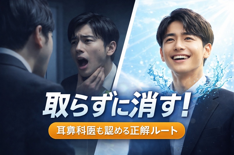 匂い玉（膿栓）に悩む男性が、正しいケアで口臭の不安から解放されたイメージ