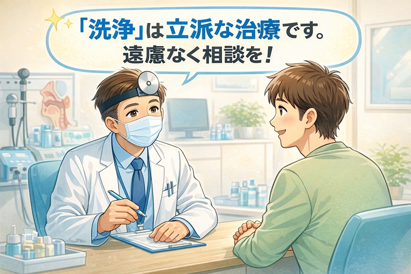 耳鼻咽喉科で医師に喉の違和感を相談し、安心して診察を受ける男性の様子