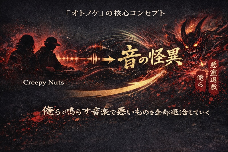 Creepy Nutsを「音の怪異」に見立てた『オトノケ』のコンセプトを図解したインフォグラフィック。彼らの音楽が怪異を退治する力を持つことを示している。