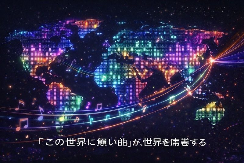 Creepy Nutsの楽曲『オトノケ』が、革新的なサウンドで世界的なヒットとなっていることを示すコンセプトアート。