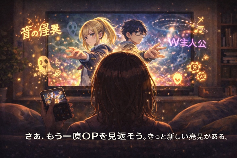 『オトノケ』の歌詞の意味を理解した上で、改めてアニメ『ダンダダン』のオープニングを見返すことで、新たな発見があることを示すイラスト。