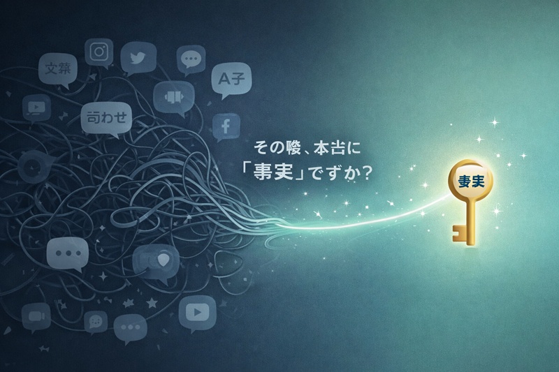 大森元貴の彼女の噂について。左側の絡まったSNSの噂（憶測）が、右側で一本の光の道（事実）に整理されていく様子を描いたイラスト。