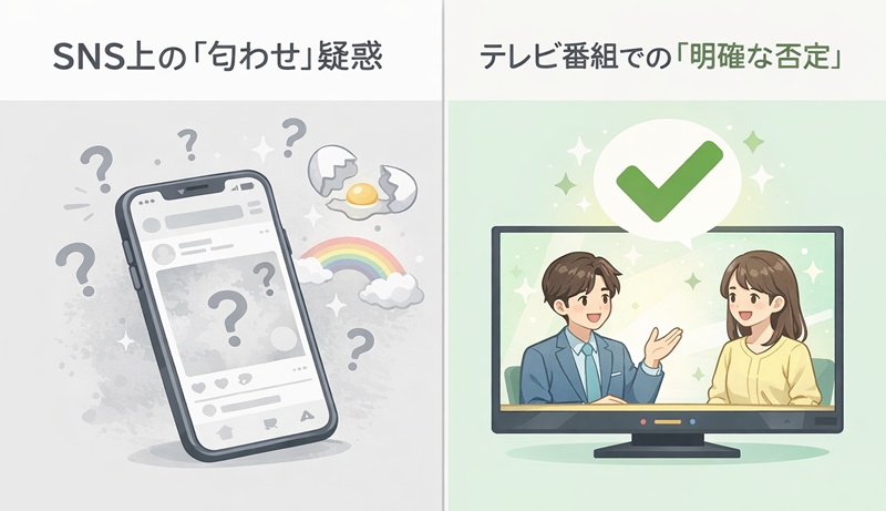 大森元貴と鎮西寿々歌の噂の対比図。左側でSNSでの「匂わせ」疑惑が示され、右側でテレビ番組での明確な交際否定という事実が示されている。