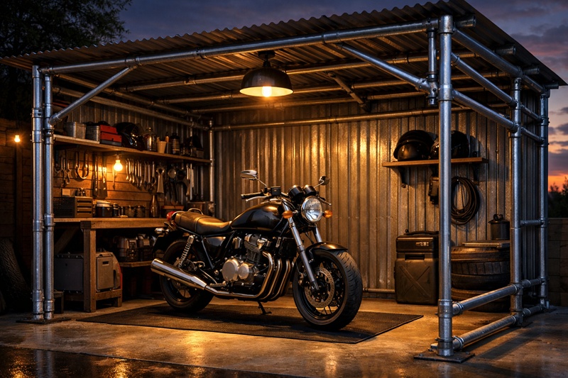 DIYで自作した単管パイプ製のバイクガレージと駐車されたオートバイ。