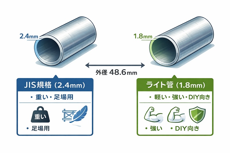 単管パイプの規格比較図解。厚さ2.4mmのJIS規格管と厚さ1.8mmのライト管の断面比較。