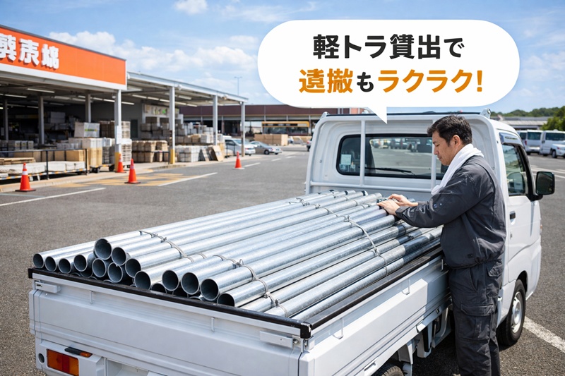 ホームセンターで軽トラックに単管パイプを積み込んでいる様子。