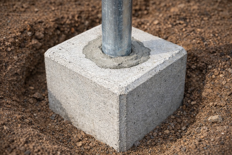 単管パイプ用基礎ブロック（束石）にパイプをモルタルで固定した施工例。