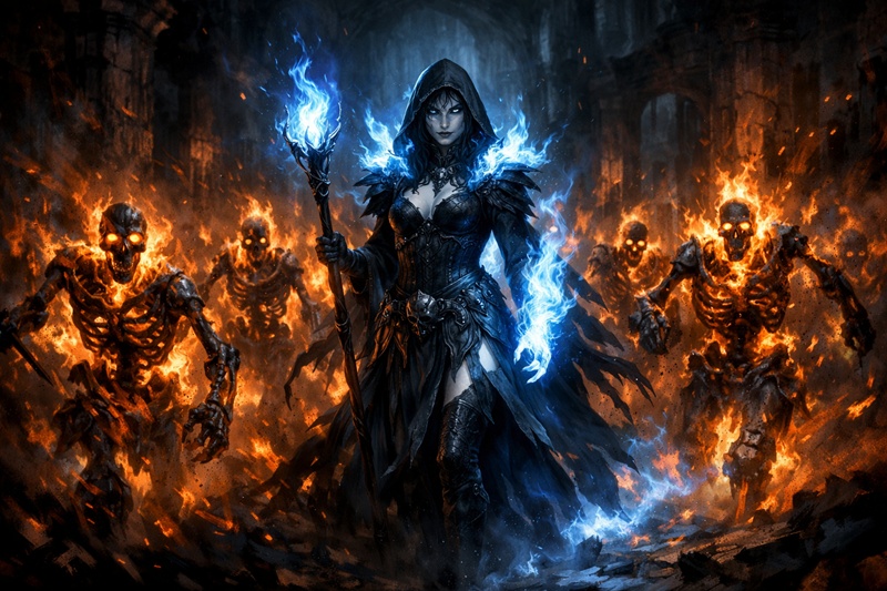 PoE2 Infernalist Witchビルドのイメージ。炎を纏ったスケルトンミニオンを従えるウィッチ。