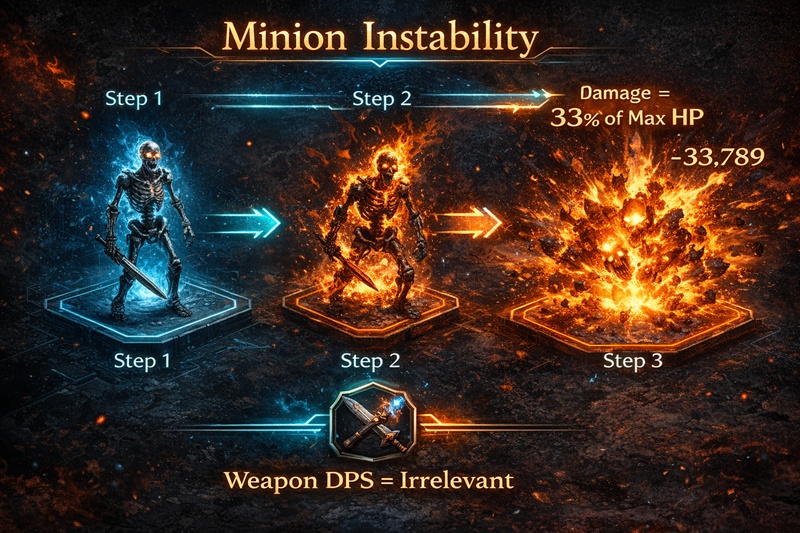 Minion Instabilityのメカニズム図解。ミニオンのHPが50%以下になると爆発し、最大HPに応じたダメージを与える。