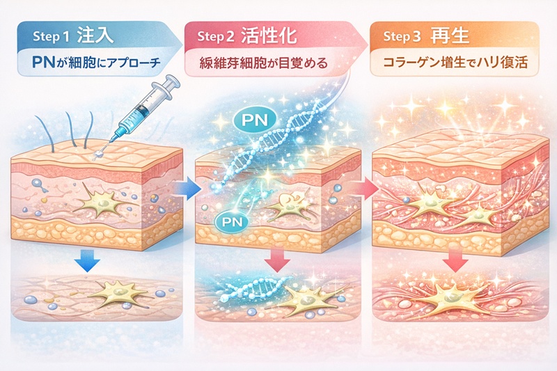 リジュランの成分PNが線維芽細胞を活性化し、コラーゲンを生成して皮膚を再生するメカニズムの図解。