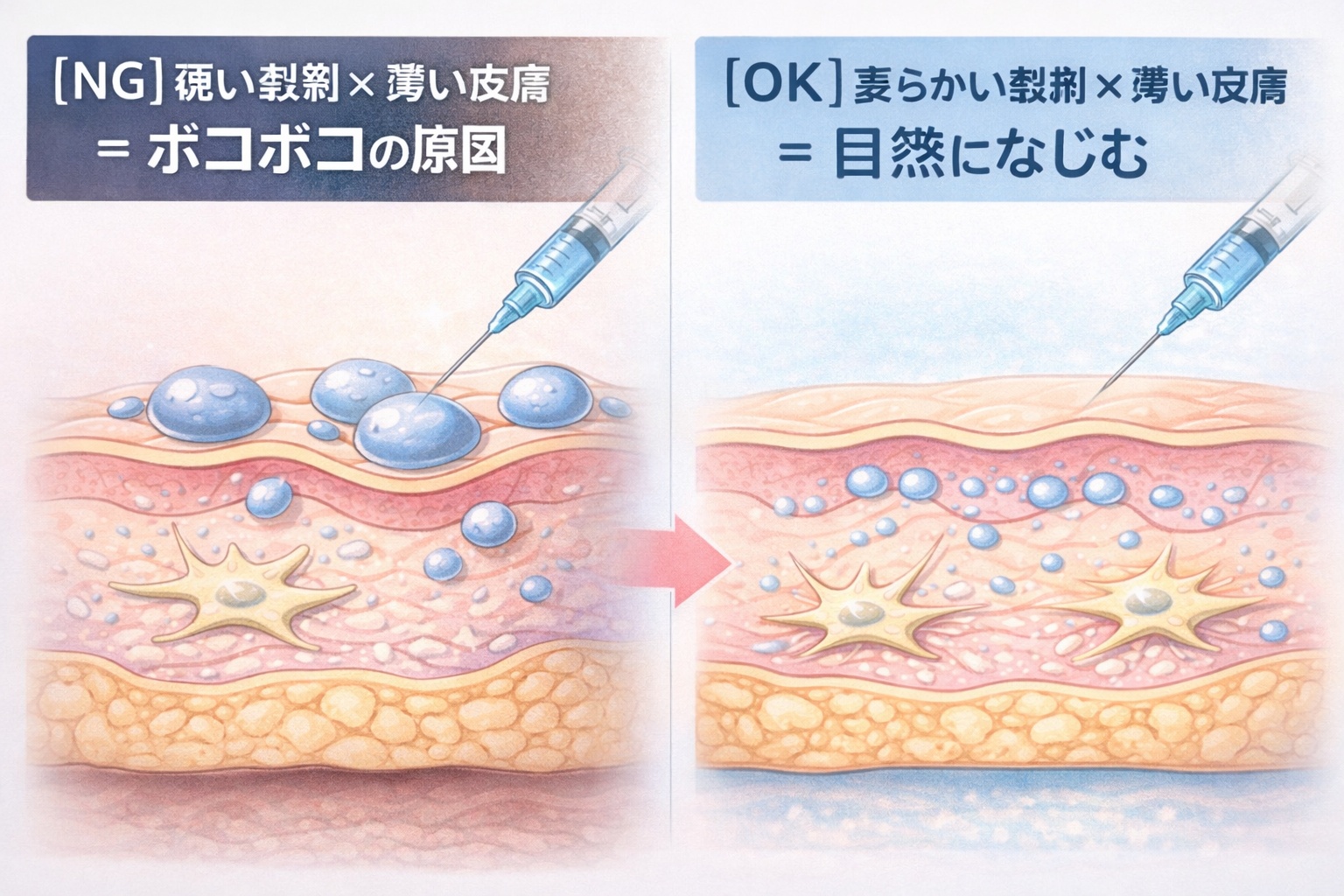 リジュランの失敗原因である皮膚の厚さと製剤粘度のミスマッチを図解。目元には低粘度製剤が必要。