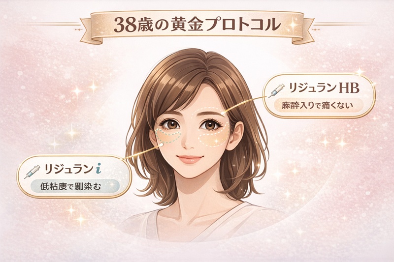 38歳におすすめのリジュラン配置図。目元はリジュランi、全顔はリジュランHBで使い分ける黄金プロトコル。