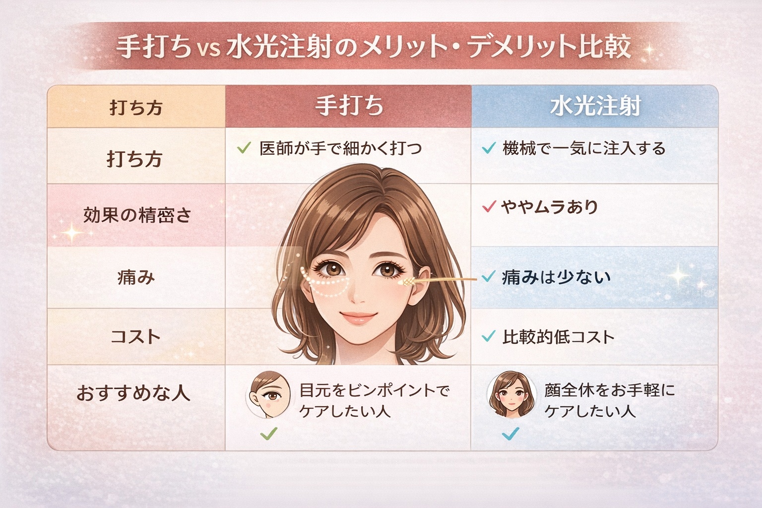 手打ち vs 水光注射（機械打ち）のメリット・デメリット比較