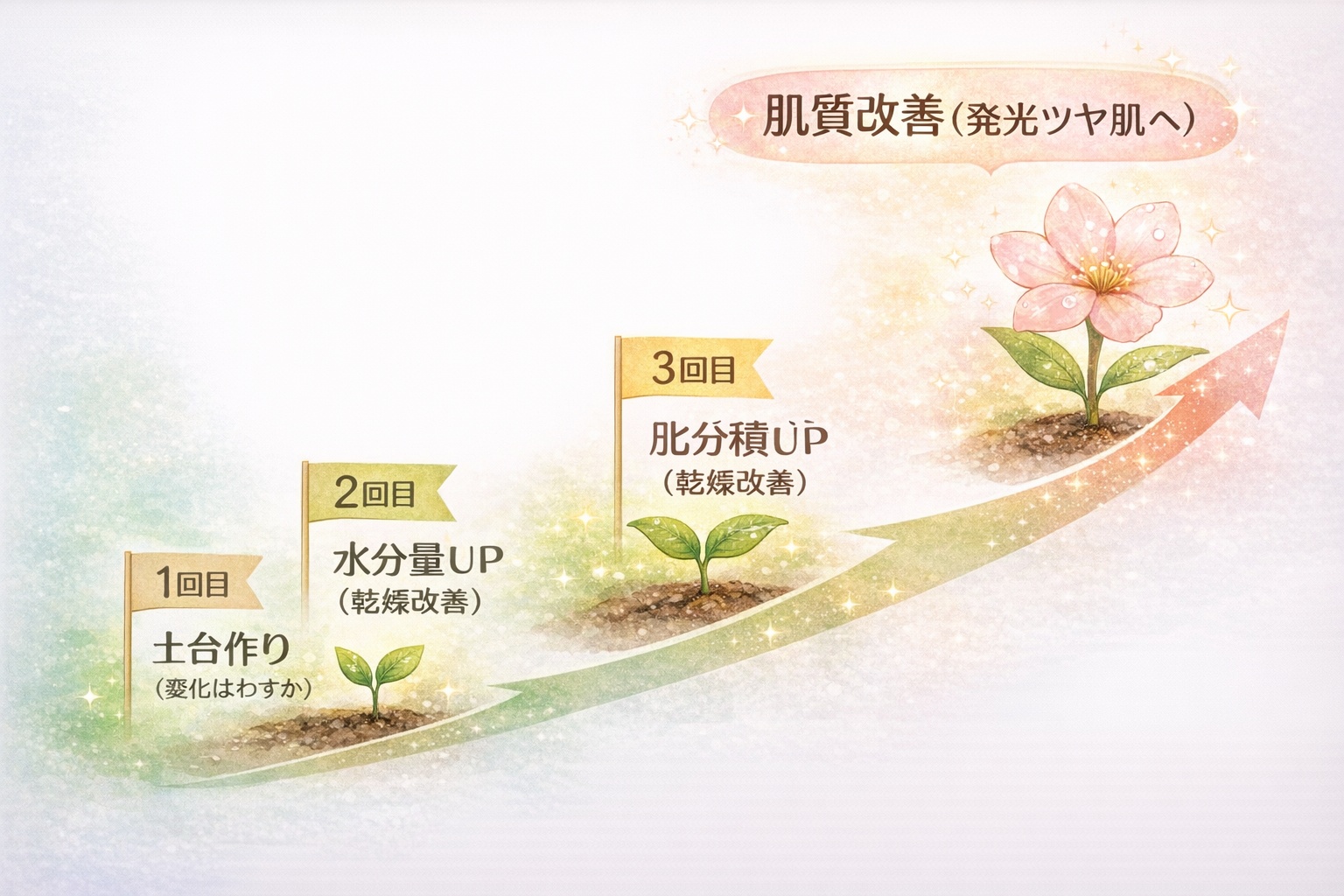 リジュランの効果が出るまでの経過タイムライン。3回セットで肌が育つプロセスを図解。