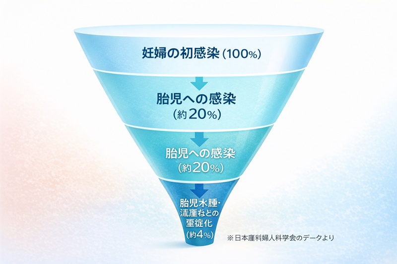 妊婦がりんご病に初感染した場合、胎児に感染するのは約20%、さらに胎児水腫などに至るのはその中の約20%であり、全体から見ると約4%の確率であることを示すファネル図。