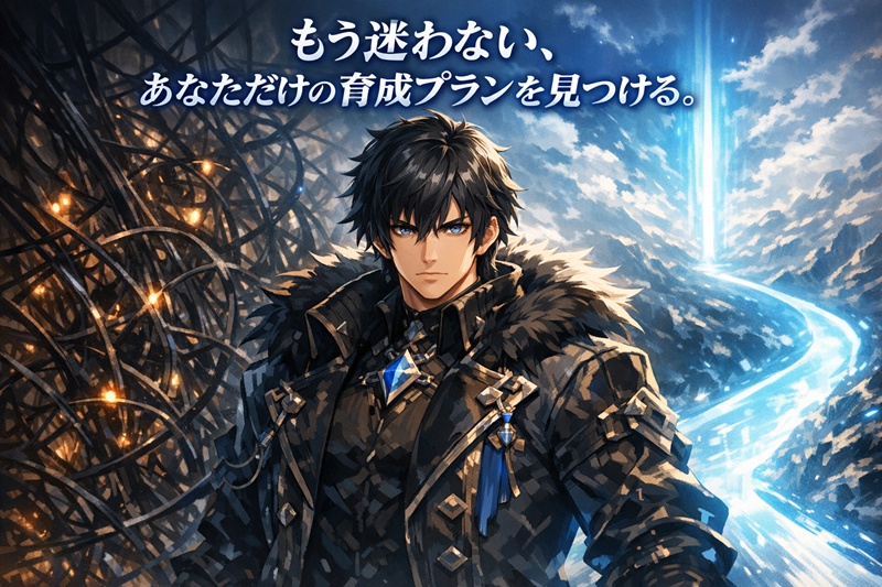 原神のキャラクター「リオセスリ」を中央に、左側の複雑なルートと右側のシンプルな光の道が対比され、育成における「最適解」と「納得解」を見つけるという記事のテーマを象徴したアイキャッチ画像。