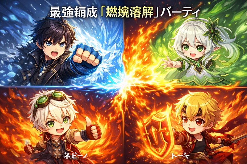 リオセスリの最強パーティ編成例「燃焼溶解」。リオセスリ、ナヒーダ、ベネット、トーマの4キャラクターが連携しているイラスト。