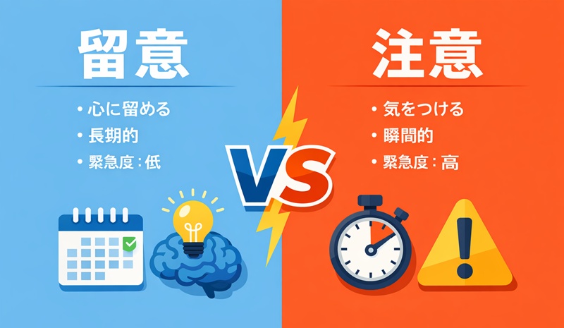 「留意」は長期的・抽象的な意識、「注意」は瞬間的・具体的な警戒を示す比較図解